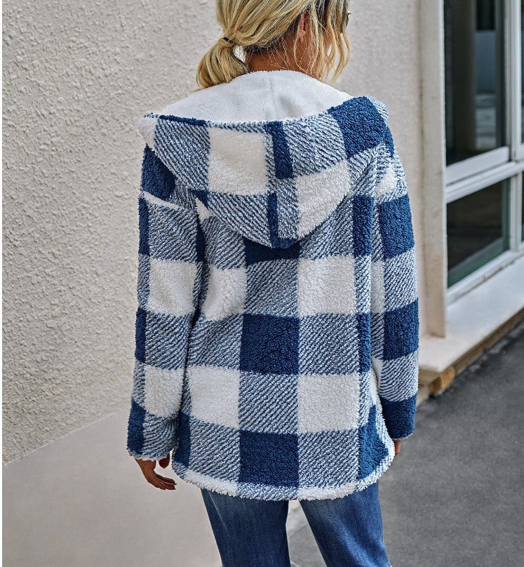 Fall and winter plaid medium plush coat - AmiraMart