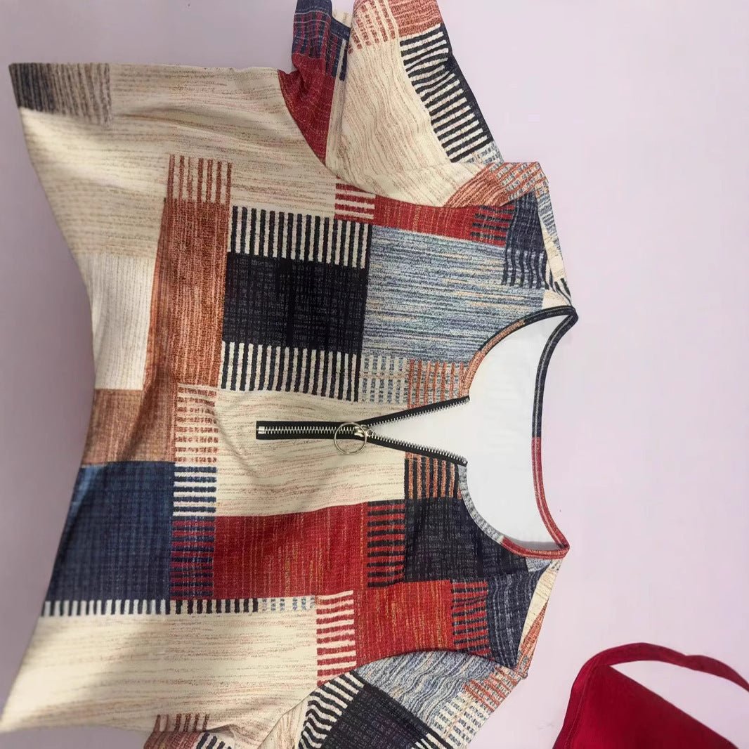 Fashion Casual All - match Square Pattern Short Sleeve - AmiraMart