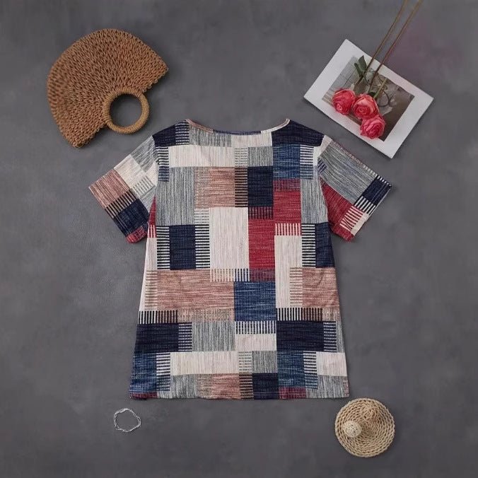 Fashion Casual All - match Square Pattern Short Sleeve - AmiraMart
