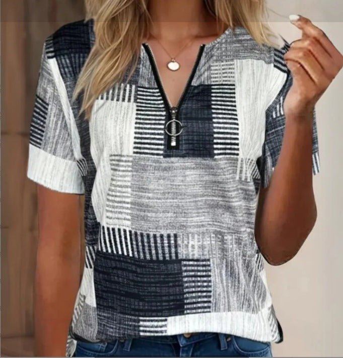 Fashion Casual All - match Square Pattern Short Sleeve - AmiraMart