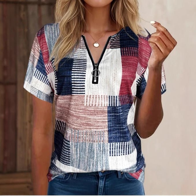 Fashion Casual All - match Square Pattern Short Sleeve - AmiraMart