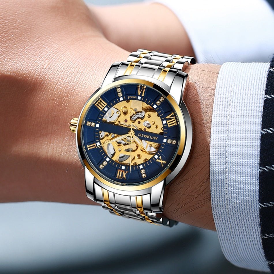 Fashion Hollow Men's Mechanical Roman Scale With Diamonds - AmiraMart
