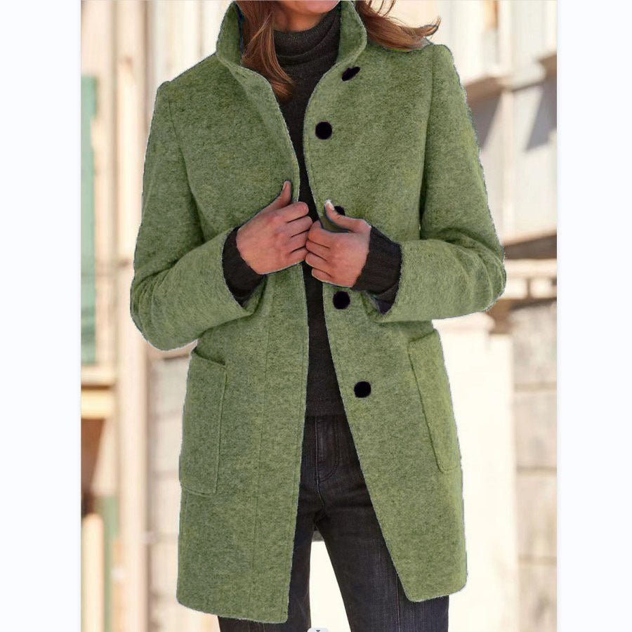 Fashion Stand Collar Woolen Coat With Pockets Fall Winter Casual Button Outwear For Women Clothing - AmiraMart