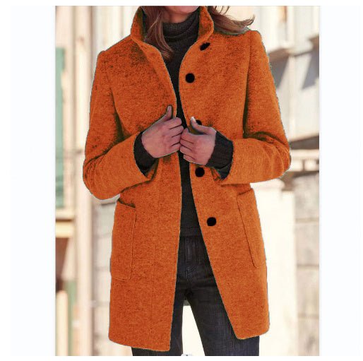 Fashion Stand Collar Woolen Coat With Pockets Fall Winter Casual Button Outwear For Women Clothing - AmiraMart