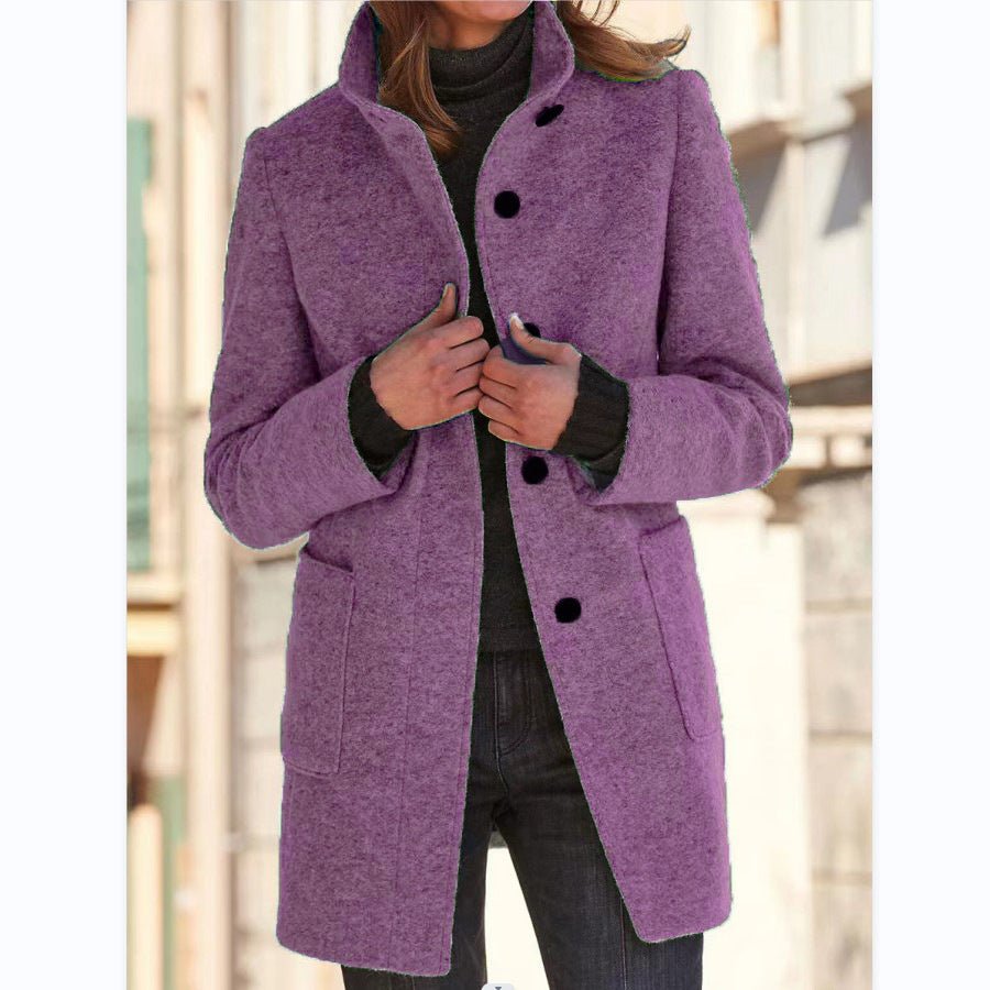 Fashion Stand Collar Woolen Coat With Pockets Fall Winter Casual Button Outwear For Women Clothing - AmiraMart