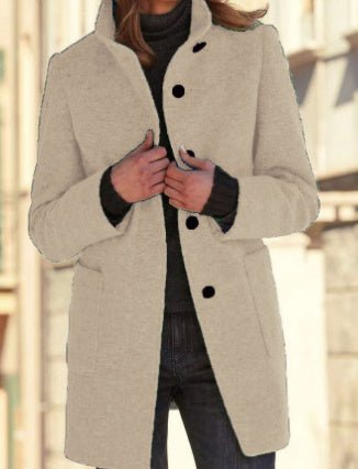 Fashion Stand Collar Woolen Coat With Pockets Fall Winter Casual Button Outwear For Women Clothing - AmiraMart