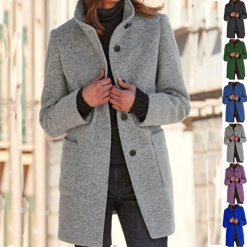 Fashion Stand Collar Woolen Coat With Pockets Fall Winter Casual Button Outwear For Women Clothing - AmiraMart