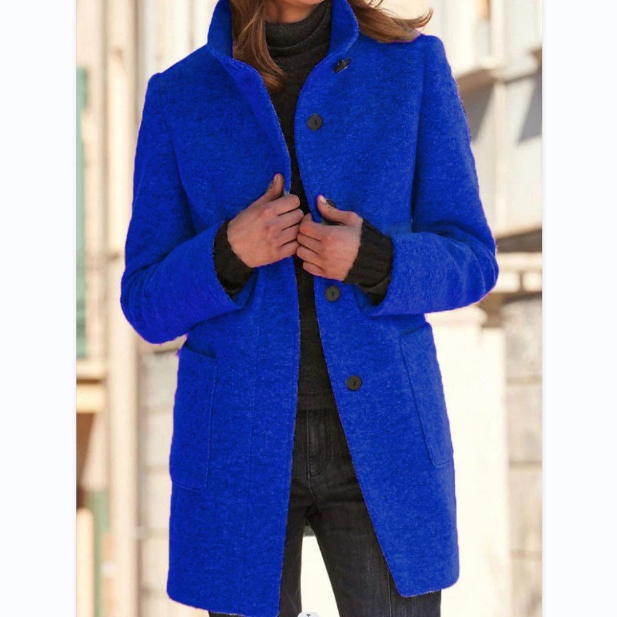Fashion Stand Collar Woolen Coat With Pockets Fall Winter Casual Button Outwear For Women Clothing - AmiraMart
