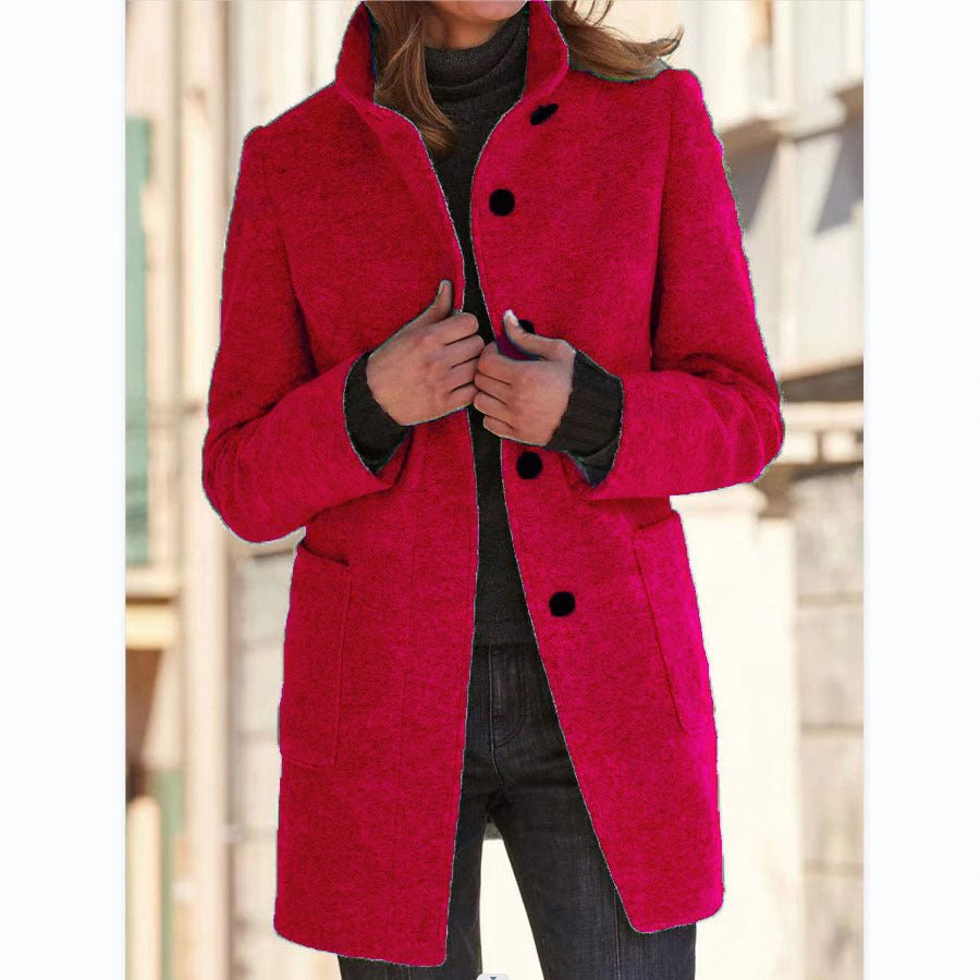 Fashion Stand Collar Woolen Coat With Pockets Fall Winter Casual Button Outwear For Women Clothing - AmiraMart