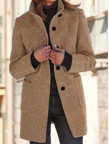 Fashion Stand Collar Woolen Coat With Pockets Fall Winter Casual Button Outwear For Women Clothing - AmiraMart