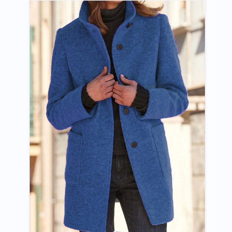 Fashion Stand Collar Woolen Coat With Pockets Fall Winter Casual Button Outwear For Women Clothing - AmiraMart