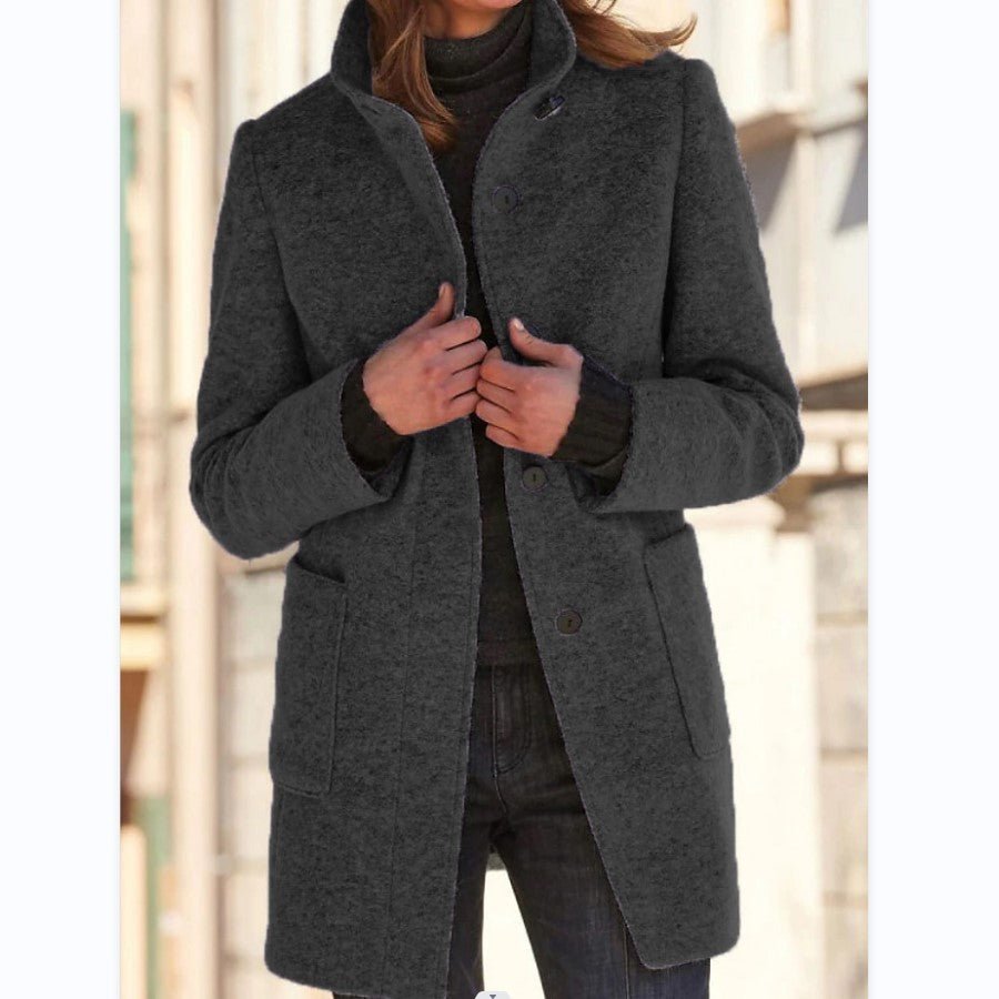 Fashion Stand Collar Woolen Coat With Pockets Fall Winter Casual Button Outwear For Women Clothing - AmiraMart
