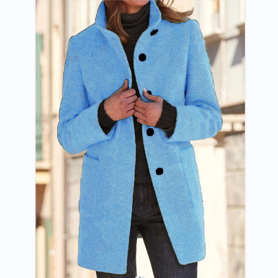 Fashion Stand Collar Woolen Coat With Pockets Fall Winter Casual Button Outwear For Women Clothing - AmiraMart