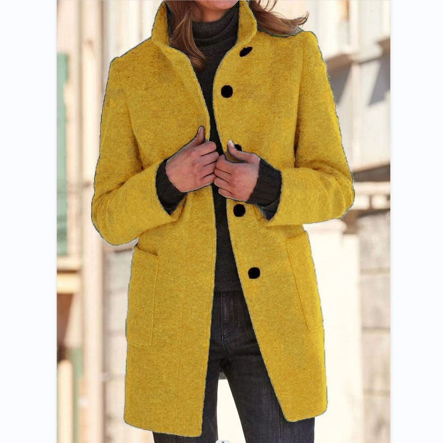 Fashion Stand Collar Woolen Coat With Pockets Fall Winter Casual Button Outwear For Women Clothing - AmiraMart