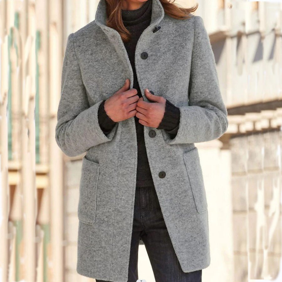 Fashion Stand Collar Woolen Coat With Pockets Fall Winter Casual Button Outwear For Women Clothing - AmiraMart