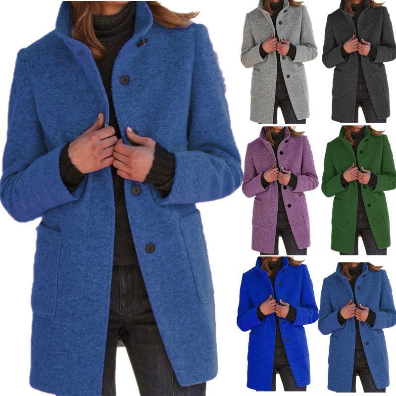 Fashion Stand Collar Woolen Coat With Pockets Fall Winter Casual Button Outwear For Women Clothing - AmiraMart