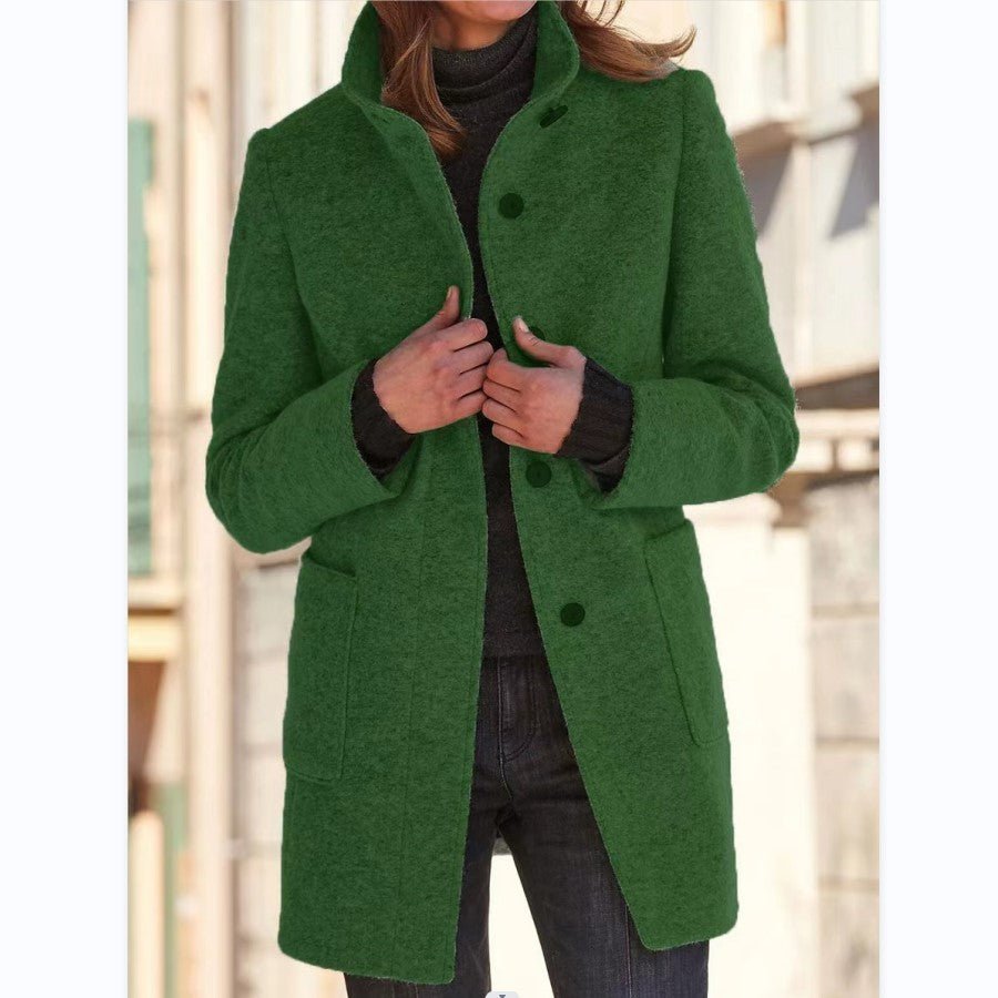 Fashion Stand Collar Woolen Coat With Pockets Fall Winter Casual Button Outwear For Women Clothing - AmiraMart