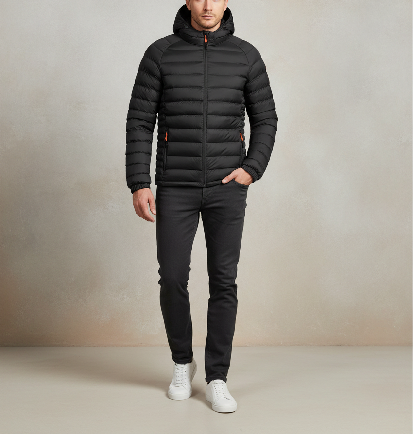 A man modeling a black hooded puffer jacket with zippered hand pockets, paired with black trousers and white sneakers, standing against a textured beige studio backdrop.