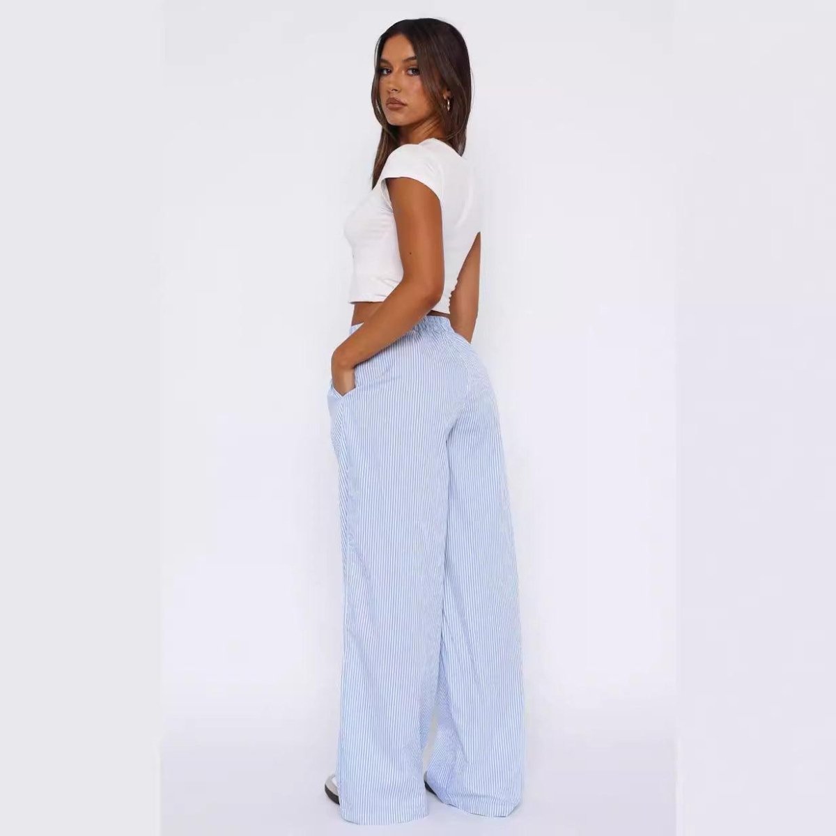 Fashion Y2K Striped Straight Trousers Summer Elastic High Waist Wide Leg Pants For Women - AmiraMart