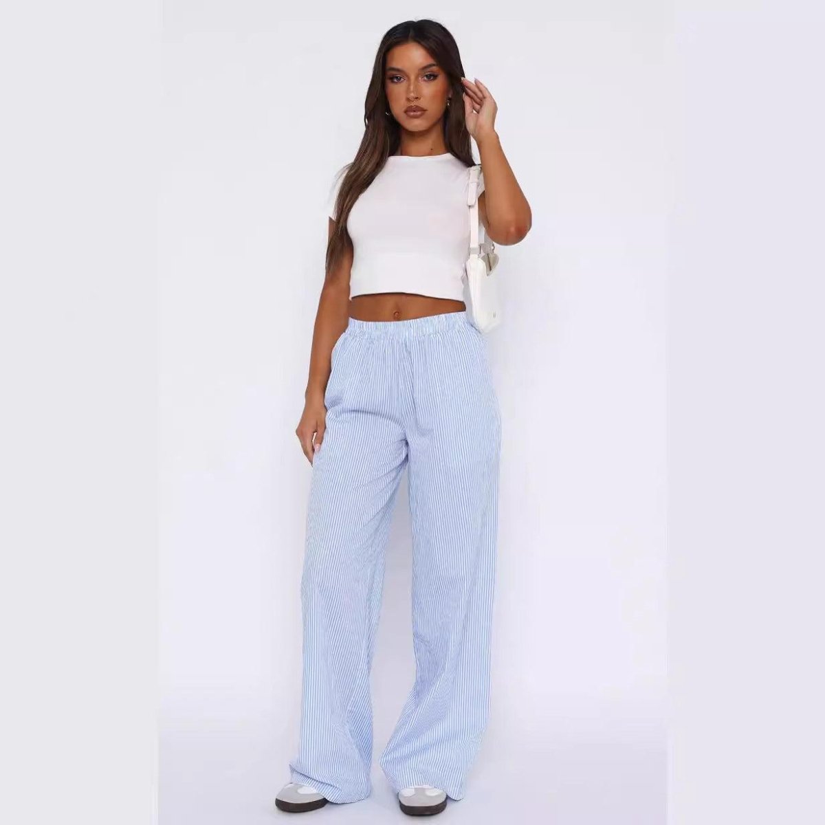 Fashion Y2K Striped Straight Trousers Summer Elastic High Waist Wide Leg Pants For Women - AmiraMart