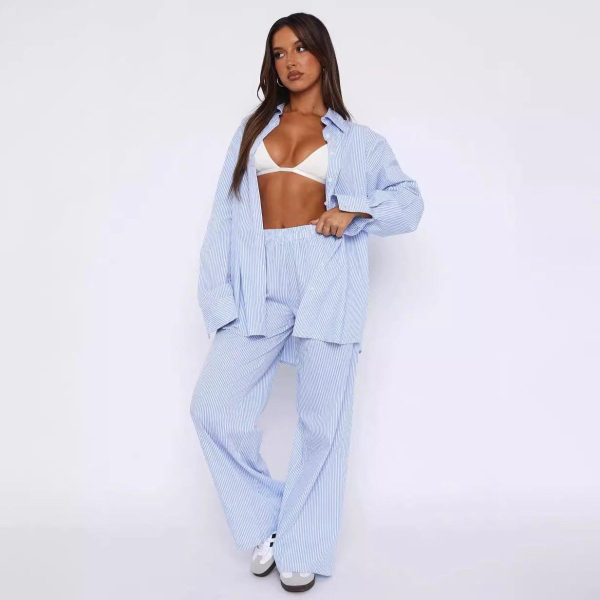 Fashion Y2K Striped Straight Trousers Summer Elastic High Waist Wide Leg Pants For Women - AmiraMart