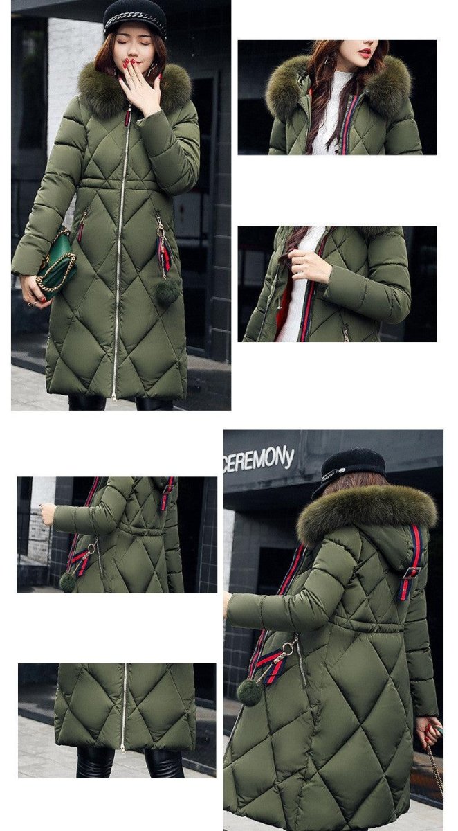 Fashionable Women's Over-the-knee Long Fur Collar Quilted Jacket - AmiraMart