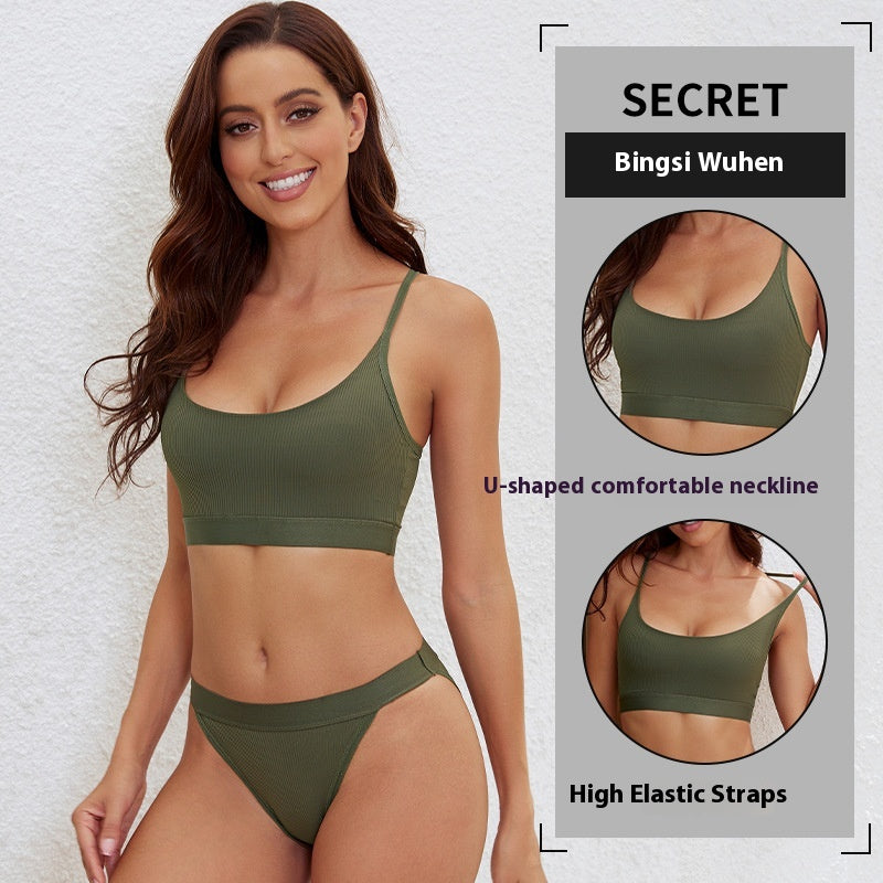 Woman wearing a green bikini set with product features highlighted on the right.