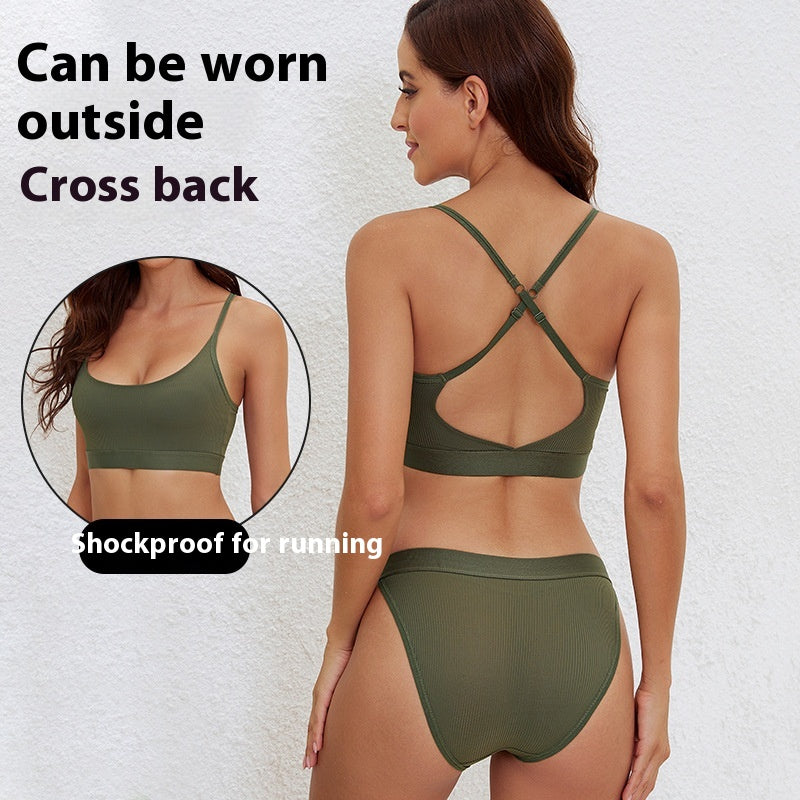 Green sports bra and shorts set worn by a model with text highlighting features on a light gray background.