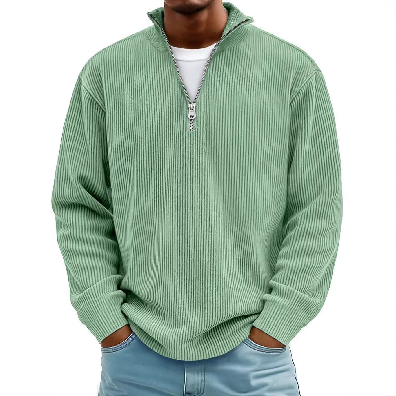 Corduroy Zipper Stand Collar Sweatshirt - AmiraMart