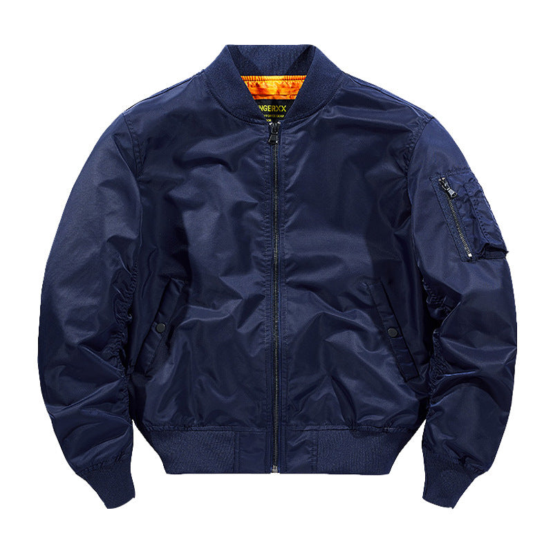 Navy blue bomber jacket on a white background