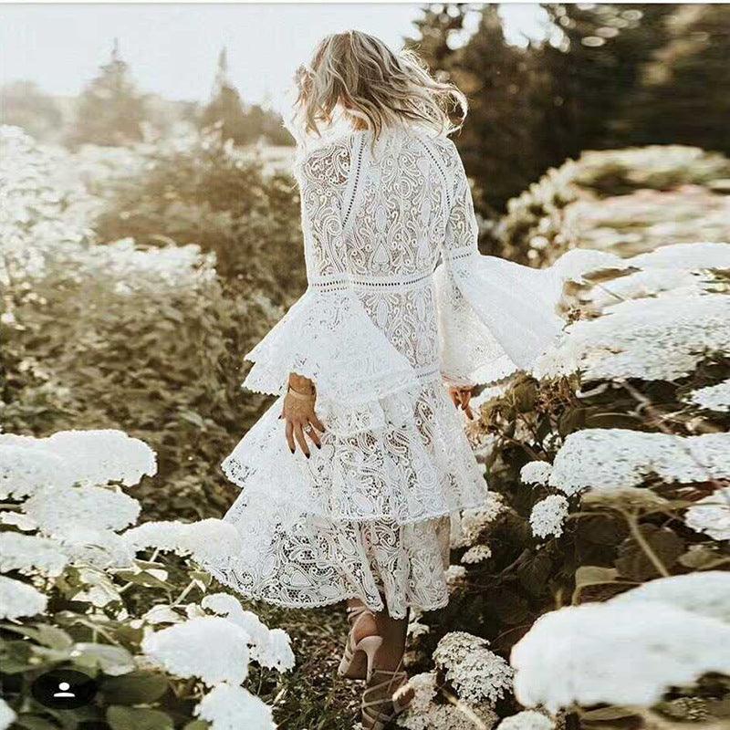 Flared sleeve lace dress - AmiraMart