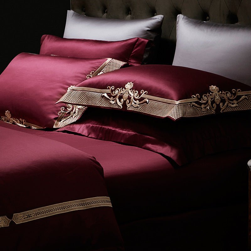 Four - piece Luxury Burgundy Wedding Bed - AmiraMart