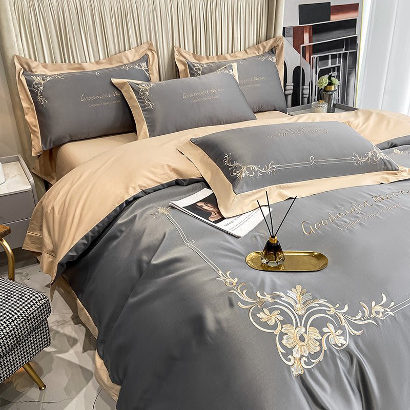 Four - piece Pure Cotton Washed Silk Embroidered Bedding Set - AmiraMart