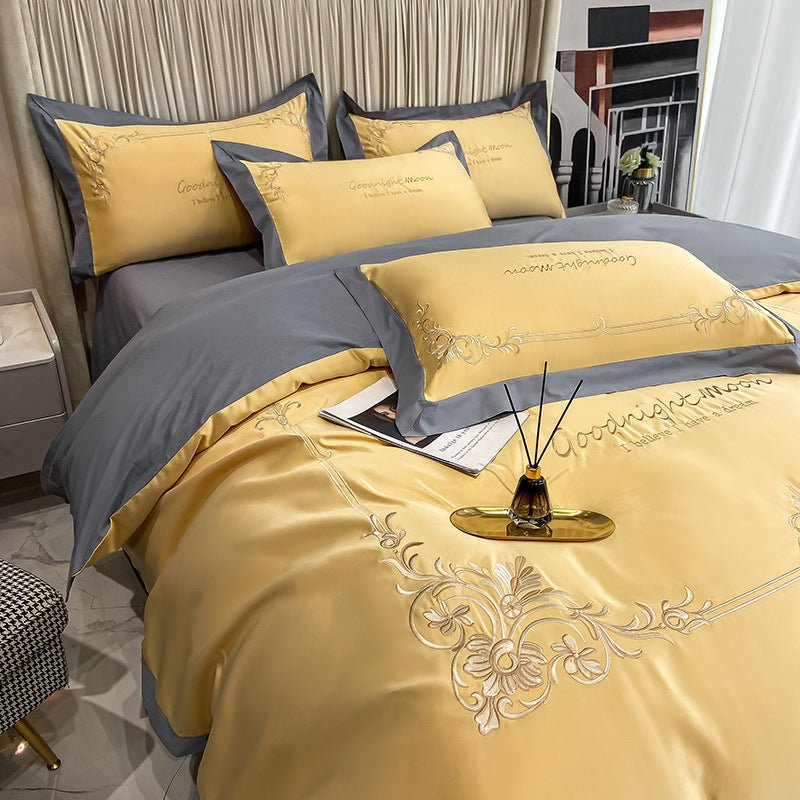 Four - piece Pure Cotton Washed Silk Embroidered Bedding Set - AmiraMart