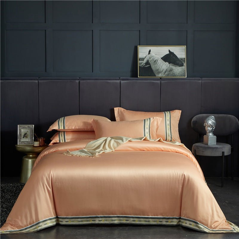 Four - piece Set Of Washed Silk Satin Striped Sheets, Solid Color Ice Silk Jane Ou Silk Slippery Bed Linen - AmiraMart