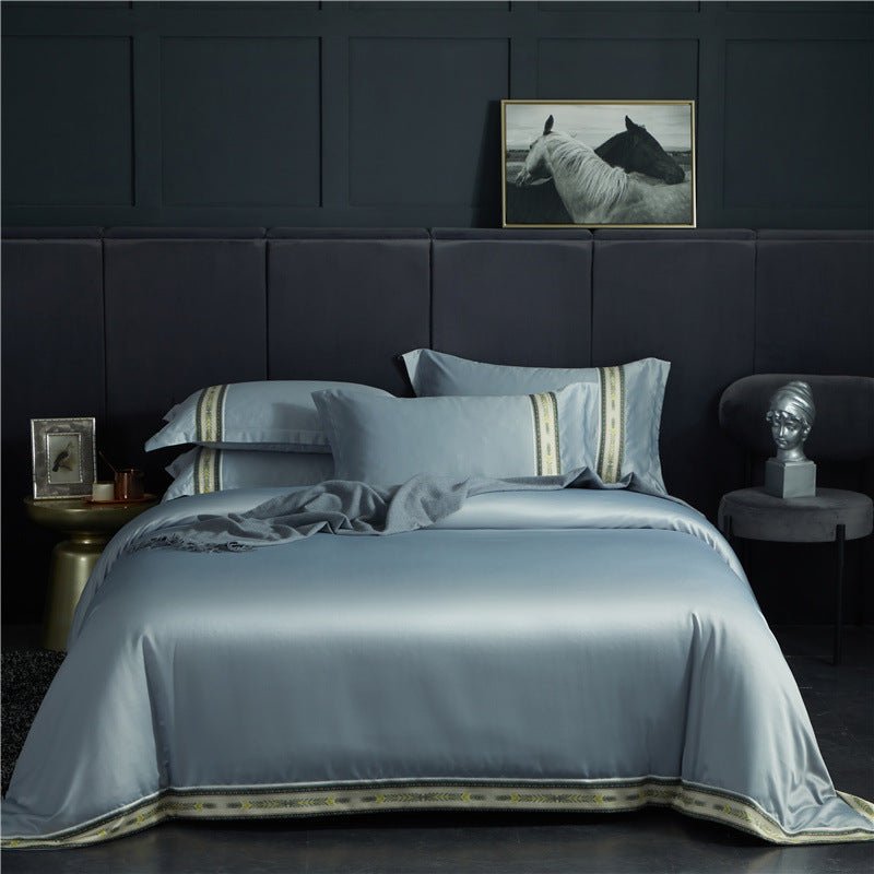 Four - piece Set Of Washed Silk Satin Striped Sheets, Solid Color Ice Silk Jane Ou Silk Slippery Bed Linen - AmiraMart