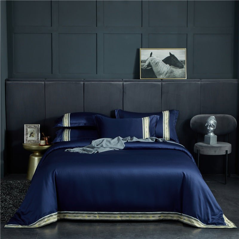 Four - piece Set Of Washed Silk Satin Striped Sheets, Solid Color Ice Silk Jane Ou Silk Slippery Bed Linen - AmiraMart