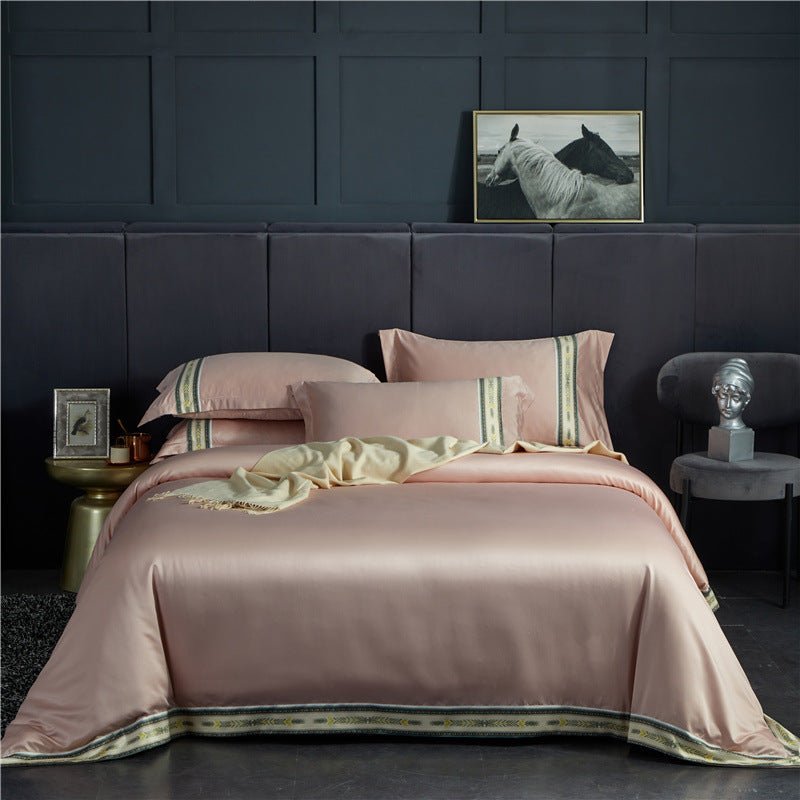 Four - piece Set Of Washed Silk Satin Striped Sheets, Solid Color Ice Silk Jane Ou Silk Slippery Bed Linen - AmiraMart