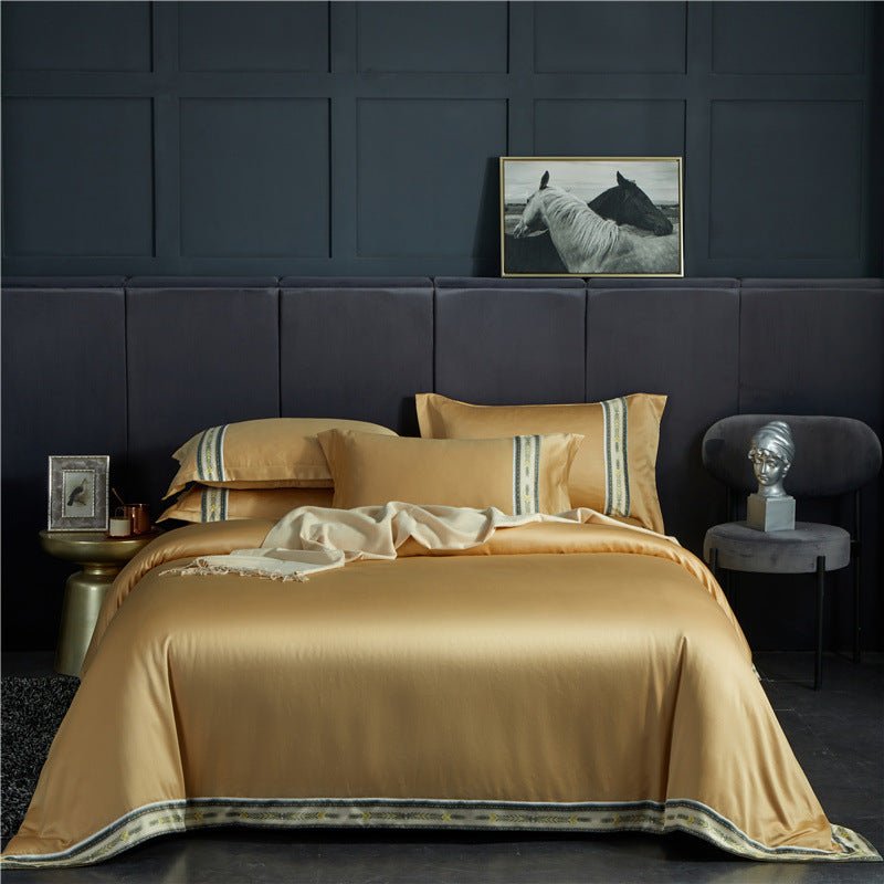 Four - piece Set Of Washed Silk Satin Striped Sheets, Solid Color Ice Silk Jane Ou Silk Slippery Bed Linen - AmiraMart