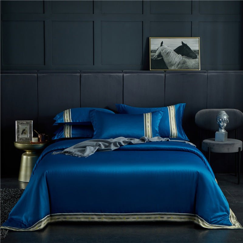 Four - piece Set Of Washed Silk Satin Striped Sheets, Solid Color Ice Silk Jane Ou Silk Slippery Bed Linen - AmiraMart