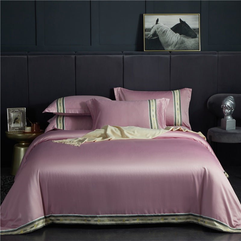 Four - piece Set Of Washed Silk Satin Striped Sheets, Solid Color Ice Silk Jane Ou Silk Slippery Bed Linen - AmiraMart