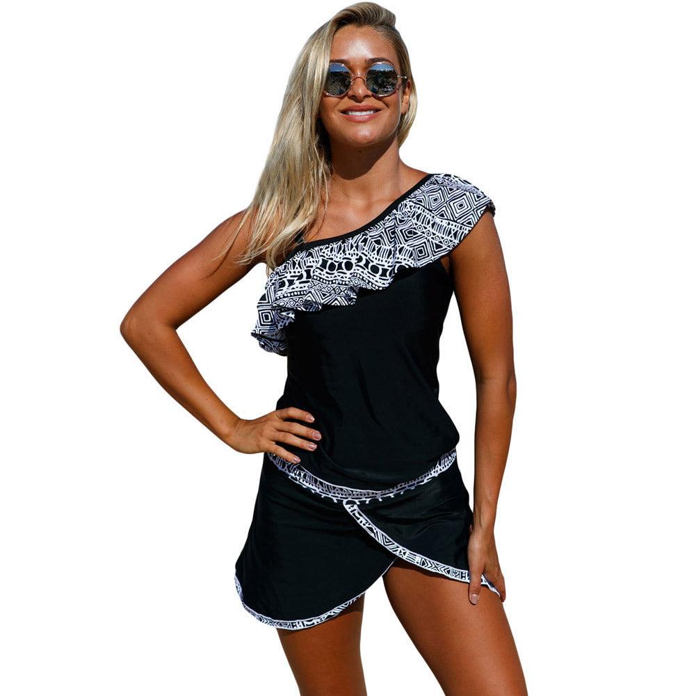 Geometric Print Ruffled Beach Skirt Split Swimsuit - AmiraMart