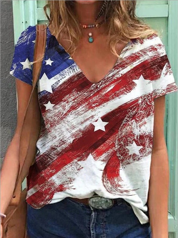 Graphic print V - neck short - sleeved T-shirt - AmiraMart