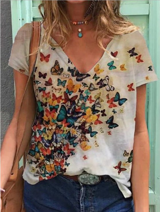 Graphic print V - neck short - sleeved T-shirt - AmiraMart