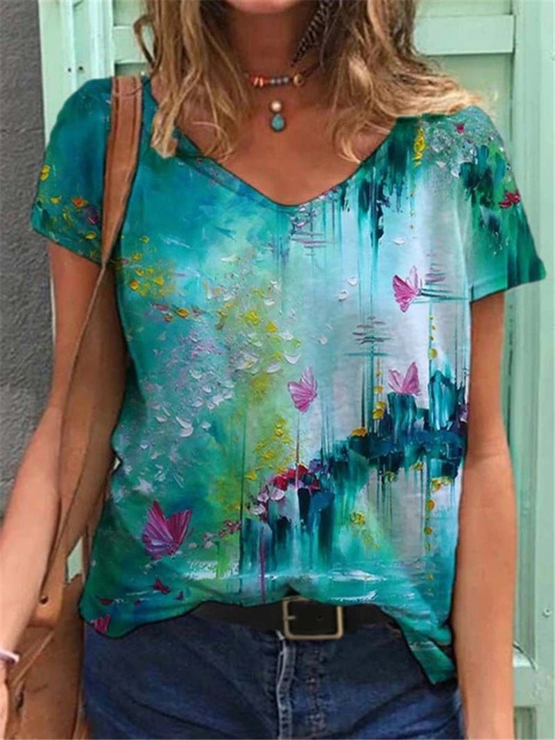 Graphic print V - neck short - sleeved T-shirt - AmiraMart
