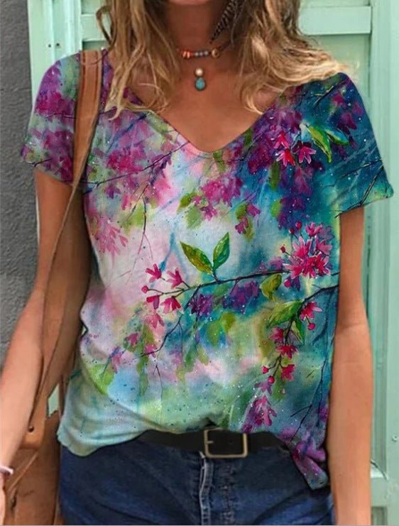Graphic print V - neck short - sleeved T-shirt - AmiraMart