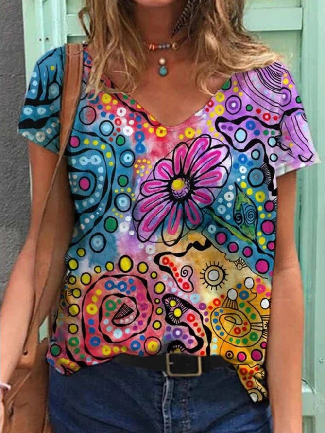Graphic print V - neck short - sleeved T-shirt - AmiraMart