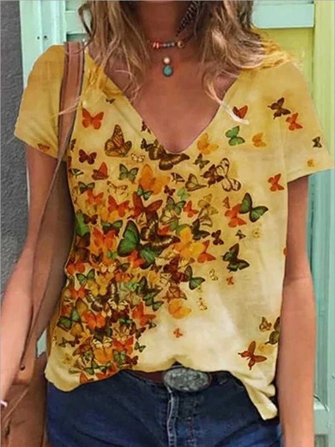 Graphic print V - neck short - sleeved T-shirt - AmiraMart