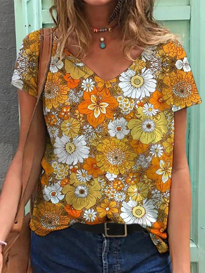 Graphic print V - neck short - sleeved T-shirt - AmiraMart