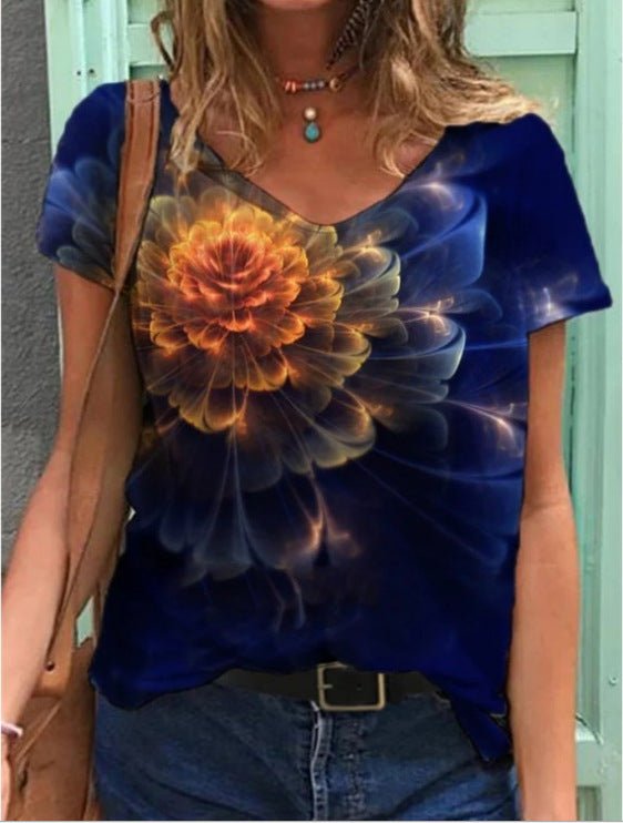 Graphic print V - neck short - sleeved T-shirt - AmiraMart